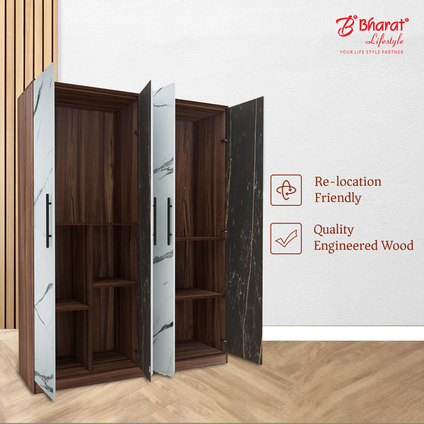 Bharat Lifestyle Manila Engineered Wood 4 Door Wardrobe with Marble Finish Door (White & Wenge, Knock Down) | Spacious Storage with 1 Year Warranty