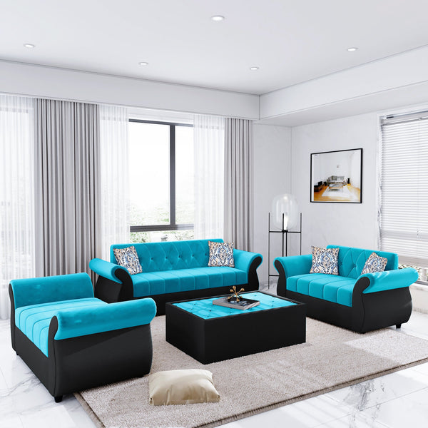 Bharat Lifestyle Alina Fabric 3 + 2 + D + CT Sofa Set  (Aqua Blue & Black, DIY(Do-It-Yourself))