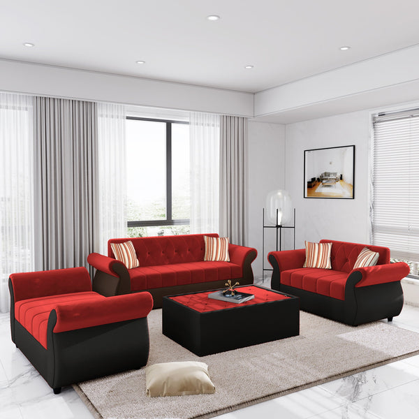 Bharat Lifestyle Alina Fabric 3 + 2 + D + CT Sofa Set  (Red & Black, DIY(Do-It-Yourself))