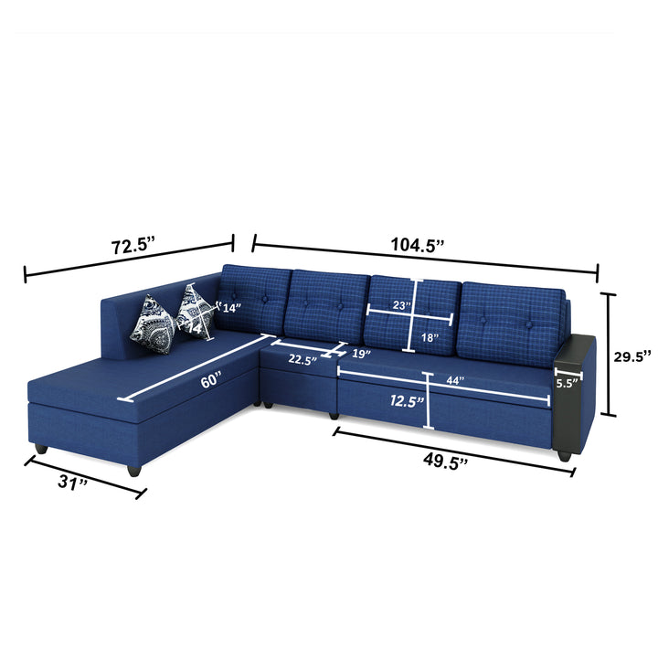Bharat Lifestyle Nano Fabric 6 Seater Sofa | Right Hand Deewan | Blue Color With Checks Cushions | Spacious & Comfortable L-Shaped Sofa For Living Room, Bedroom | DIY Assembly | 1 Year Warranty
