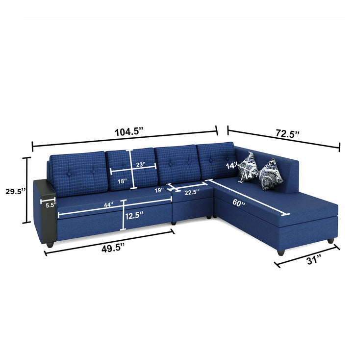 Bharat Lifestyle Nano Fabric 6 Seater Sofa | Left Hand Deewan | Blue Color With Checks Cushions | Spacious & Comfortable L-Shaped Sofa For Living Room, Bedroom | DIY Assembly | 1 Year Warranty