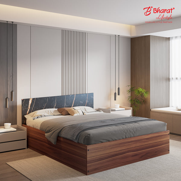 Bharat Lifestyle Amsterdam Engineered Wood King Bed with Marble Finish Headboard & Storage (Brown, Knock Down), Wooden Double Bed for Bedroom, Living Room, Home & Office, Mattress Size – 72x78 inch, 1 Year Warranty