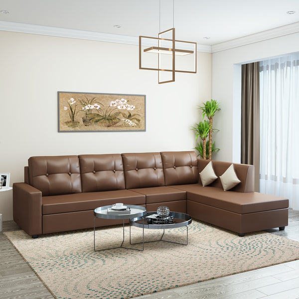 Bharat Lifestyle Nano L-Shape Leatherette 6 Seater Sofa | Tan Finish | Left Hand Diwan | Luxurious & Comfortable Sofa Set for Living Room, Bedroom, Home & Office | DIY Assembly | 1 Year Warranty