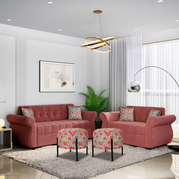 Bharat Lifestyle Alina sofa with 2 puffy Fabric 3 + 2 + 2P Sofa Set  (Peach, DIY(Do-It-Yourself))