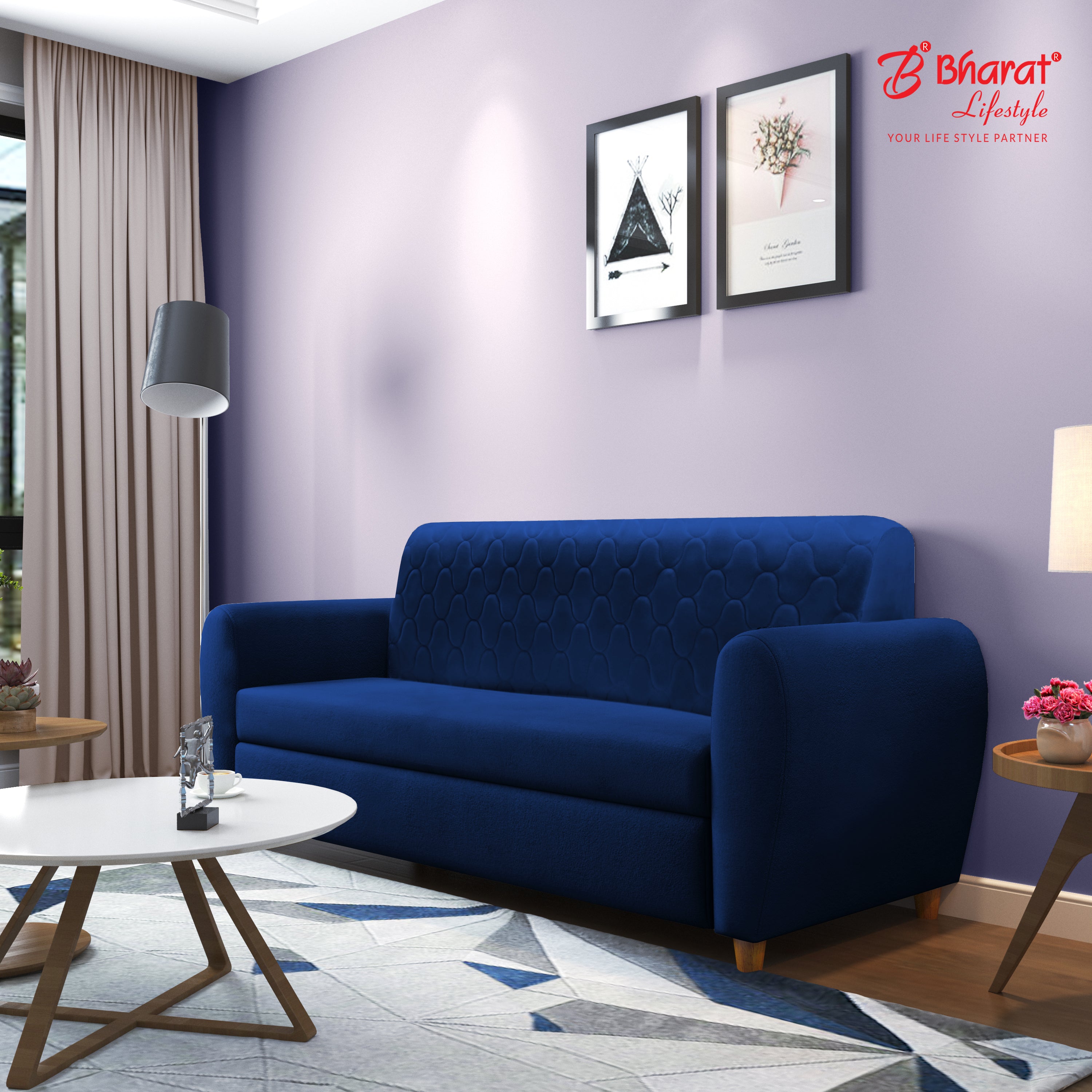Bharat Lifestyle Elvo Blue Fabric 3 Seater Sofa | Comfortable & Stylis