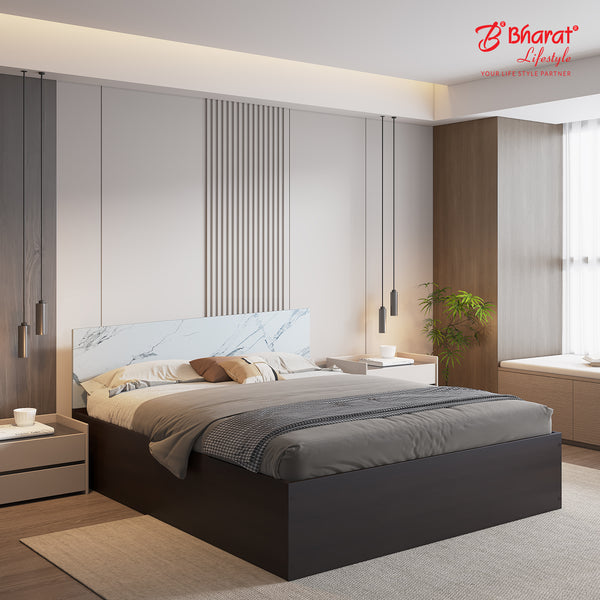 Bharat Lifestyle Amsterdam Engineered Wood King Box Bed with Marble Finish Headboard & Storage (Wenge & White, Knock Down), Wooden Double Bed for Bedroom, Living Room, Home & Office, Mattress Size – 72x78 inch, 1 Year Warranty