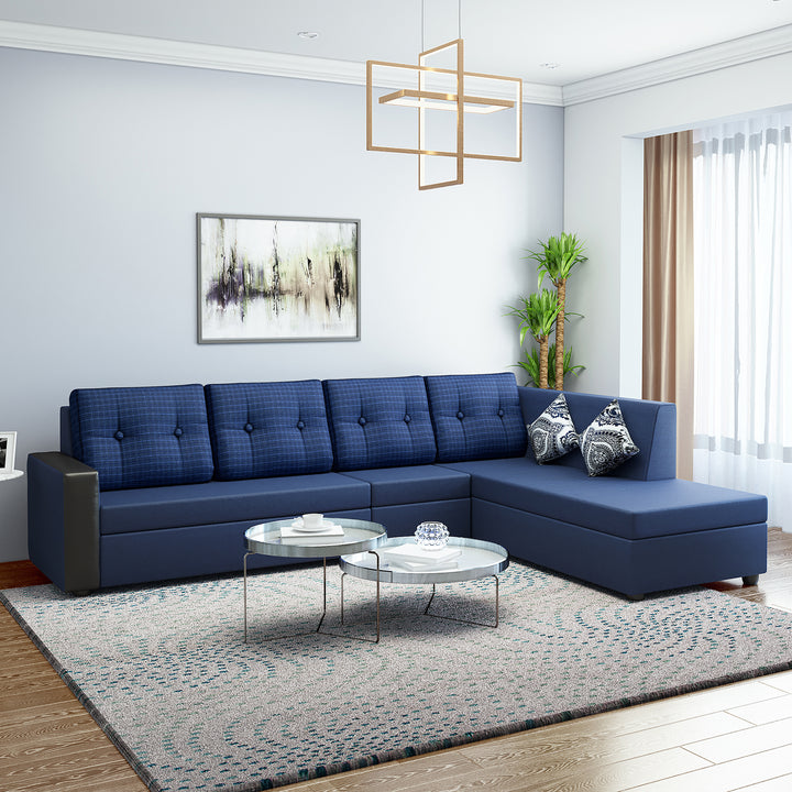 Bharat Lifestyle Nano Fabric 6 Seater Sofa | Left Hand Deewan | Blue Color With Checks Cushions | Spacious & Comfortable L-Shaped Sofa For Living Room, Bedroom | DIY Assembly | 1 Year Warranty