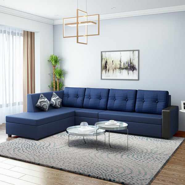 Bharat Lifestyle Nano Fabric 6 Seater Sofa | Right Hand Deewan | Blue Color With Checks Cushions | Spacious & Comfortable L-Shaped Sofa For Living Room, Bedroom | DIY Assembly | 1 Year Warranty
