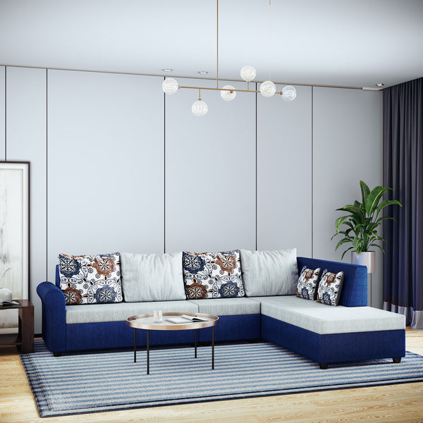 Bharat Lifestyle Rubik 6 Seater L Shape Fabric Sofa (Left-Hand Side Deewan, Grey & Blue) | Stylish & Comfortable Sofa Set for Living Room, Bedroom & Office | DIY Assembly | 1 Year Warranty