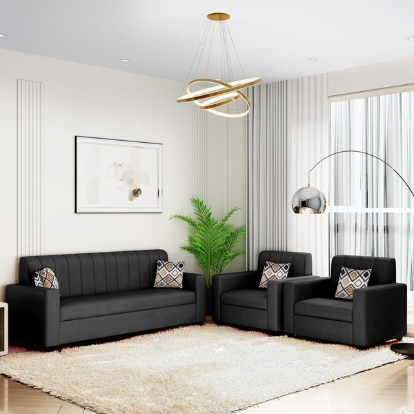 Bharat Lifestyle Tulip Leatherette 3+1+1 Sofa Set | Black Leatherette | Luxurious & Comfortable Sofa Set for Living Room, Bedroom, Home & Office | DIY Assembly | 1 Year Warranty
