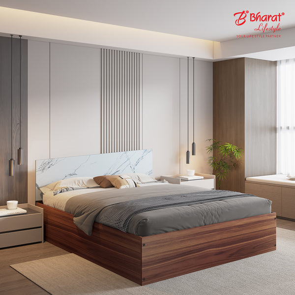 Bharat Lifestyle Amsterdam Engineered Wood Queen Bed with Marble Finish Headboard (Brown & White, Knock Down, Without Storage), Wooden Double Bed for Bedroom, Living Room, Home & Office, Mattress Size – 60x78 inch, 1 Year Warranty