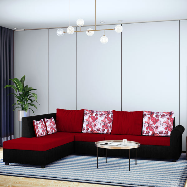 Bharat Lifestyle Rubik Fabric 6 Seater Sofa | Red & Black Finish | Right Hand Diwan | Luxurious & Comfortable Sofa Set for Living Room, Bedroom, Home & Office | DIY Assembly | 1 Year Warranty