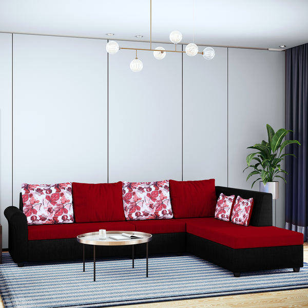 Bharat Lifestyle Rubik Fabric 6 Seater Sofa | Red & Black Finish | Left Hand Diwan | Luxurious & Comfortable Sofa Set for Living Room, Bedroom, Home & Office | DIY Assembly | 1 Year Warranty