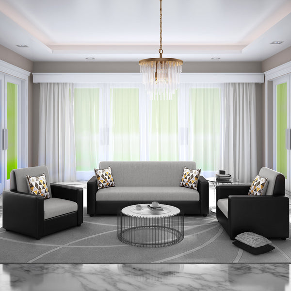 Bharat Lifestyle Tulip Leatherette 3+1+1 Sofa Set | Grey & Black Leatherette | Luxurious & Comfortable Sofa Set for Living Room, Bedroom, Home & Office | DIY Assembly | 1 Year Warranty