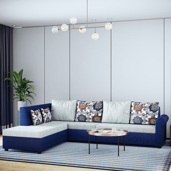 Bharat Lifestyle Rubik 6 Seater Fabric Sofa Set (Right-Hand Side Deewan, Grey & Blue) | Comfortable, Modern Sofa for Living Room, Bedroom & Office | DIY Assembly | 1 Year Warranty