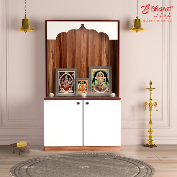 Bharat Lifestyle Javari Engineered Wood Home Temple (Brown & White, Knock Down, Height 20 Inch) | Wooden Mandir for Living Room, Hall, Office & School | 1 Year Warranty