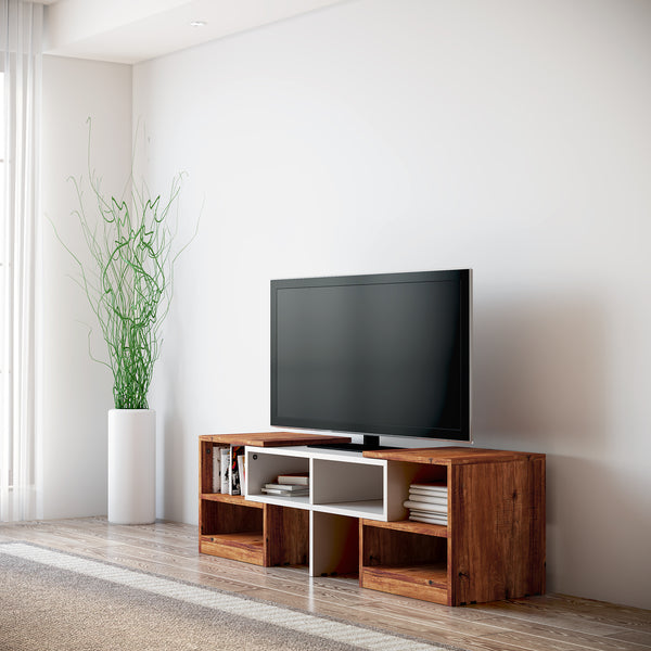 Bharat Lifestyle Quartz Engineered Wood TV Entertainment Unit (White & Brown, Knock Down) | Stylish Wooden TV Stand for Living Room & Bedroom | Modern Design with 1 Year Warranty
