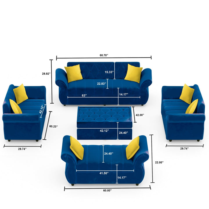 Bharat Lifestyle Alina Suede Velvet Fabric 3 + 2 + 2 + D + CT Seater (Finish Color – Blue) Sofa, Luxurious Looks and Comfortable Sofa for Living Room, Bedroom, Home and Office, Wooden Frame Sofa, Assembly DIY(Do - It - Yourself) - BHARAT LIFESPACE PRIVATE LIMITED