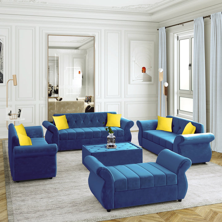 Bharat Lifestyle Alina Suede Velvet Fabric 3 + 2 + 2 + D + CT Seater (Finish Color – Blue) Sofa, Luxurious Looks and Comfortable Sofa for Living Room, Bedroom, Home and Office, Wooden Frame Sofa, Assembly DIY(Do - It - Yourself) - BHARAT LIFESPACE PRIVATE LIMITED