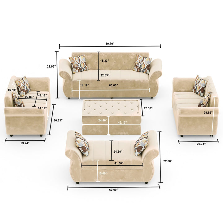 Bharat Lifestyle Alina Suede Velvet Fabric 3 + 2 + 2 + D + CT Seater (Finish Color – Cream) Sofa, Luxurious Looks and Comfortable Sofa for Living Room, Bedroom, Home and Office, Wooden Frame Sofa, Assembly DIY(Do - It - Yourself) - BHARAT LIFESPACE PRIVATE LIMITED