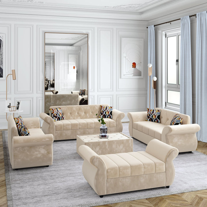 Bharat Lifestyle Alina Suede Velvet Fabric 3 + 2 + 2 + D + CT Seater (Finish Color – Cream) Sofa, Luxurious Looks and Comfortable Sofa for Living Room, Bedroom, Home and Office, Wooden Frame Sofa, Assembly DIY(Do - It - Yourself) - BHARAT LIFESPACE PRIVATE LIMITED