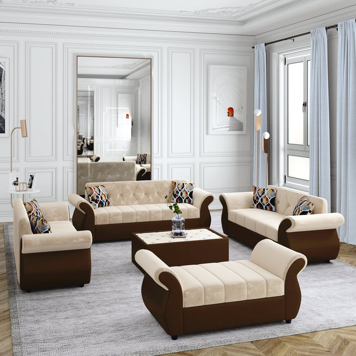 Bharat Lifestyle Alina Suede Velvet Fabric 3 + 2 + 2 + D + CTSeater (Finish Color – Cream and Brown) Sofa, Luxurious Looks and Comfortable Sofa for Living Room, Bedroom, Home and Office, Wooden Frame Sofa, Assembly DIY(Do - It - Yourself) - BHARAT LIFESPACE PRIVATE LIMITED