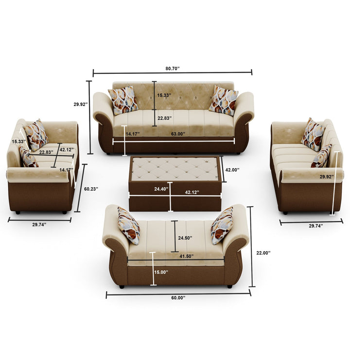 Bharat Lifestyle Alina Suede Velvet Fabric 3 + 2 + 2 + D + CTSeater (Finish Color – Cream and Brown) Sofa, Luxurious Looks and Comfortable Sofa for Living Room, Bedroom, Home and Office, Wooden Frame Sofa, Assembly DIY(Do - It - Yourself) - BHARAT LIFESPACE PRIVATE LIMITED