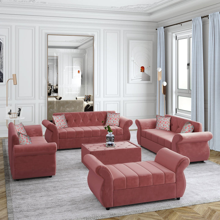 Bharat Lifestyle Alina Suede Velvet Fabric 3 + 2 + 2 + D + CTSeater (Finish Color - Peach) Sofa, Luxurious Looks and Comfortable Sofa for Living Room, Bedroom, Home and Office, Wooden Frame Sofa, Assembly DIY(Do - It - Yourself) - BHARAT LIFESPACE PRIVATE LIMITED