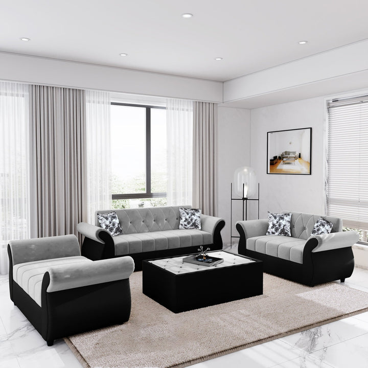 Bharat Lifestyle Alina Suede Velvet Fabric 3 + 2 + D + CT Seater (Finish Color – Black and Grey) Sofa, Luxurious Looks and Comfortable Sofa for Living Room, Bedroom, Home and Office, Wooden Frame Sofa, Assembly DIY(Do - It - Yourself) - BHARAT LIFESPACE PRIVATE LIMITED