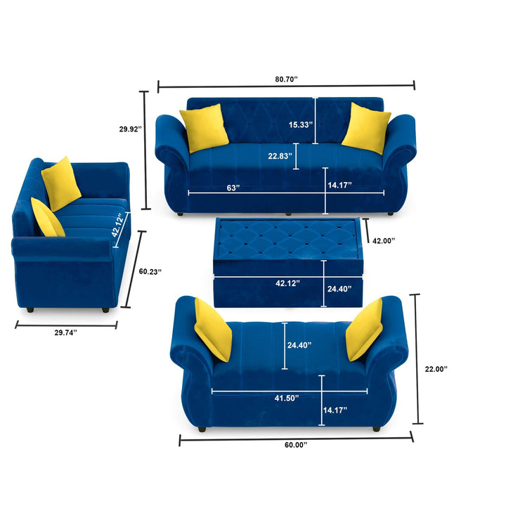 Bharat Lifestyle Alina Suede Velvet Fabric 3 + 2 + D + CT Seater (Finish Color – Blue) Sofa, Luxurious Looks and Comfortable Sofa for Living Room, Bedroom, Home and Office, Wooden Frame Sofa, Assembly DIY(Do - It - Yourself) - BHARAT LIFESPACE PRIVATE LIMITED