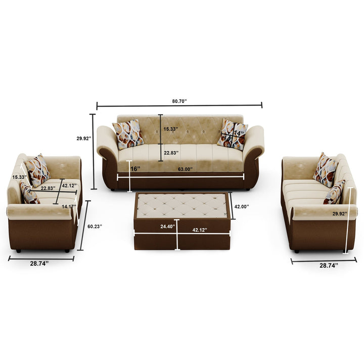 Bharat Lifestyle Alina Suede Velvet Fabric 3 + 2 + D + CT Seater (Finish Color – Cream and Brown) Sofa, Luxurious Looks and Comfortable Sofa for Living Room, Bedroom, Home and Office, Wooden Frame Sofa, Assembly DIY(Do - It - Yourself) - BHARAT LIFESPACE PRIVATE LIMITED