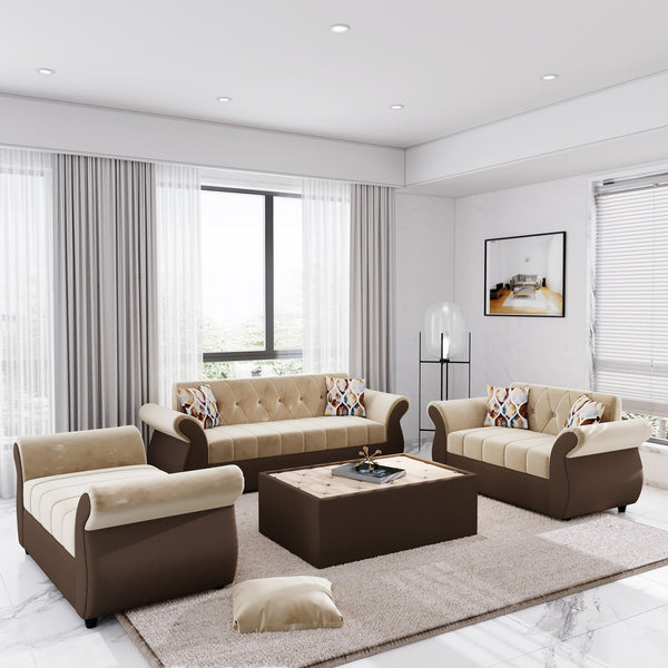 Bharat Lifestyle Alina Suede Velvet Fabric 3 + 2 + D + CT Seater (Finish Color – Cream and Brown) Sofa, Luxurious Looks and Comfortable Sofa for Living Room, Bedroom, Home and Office, Wooden Frame Sofa, Assembly DIY(Do - It - Yourself) - BHARAT LIFESPACE PRIVATE LIMITED