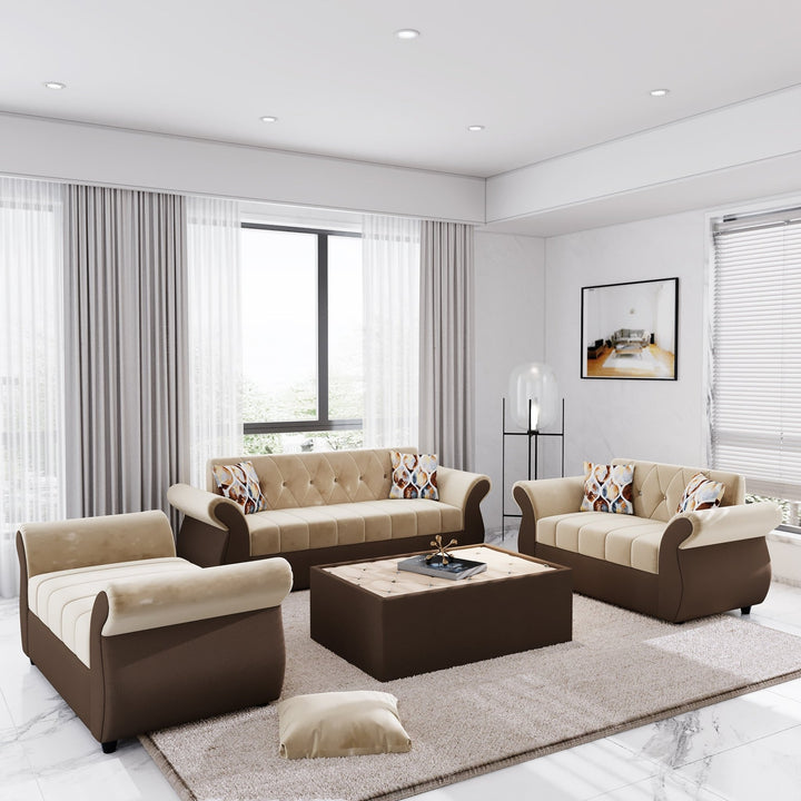 Bharat Lifestyle Alina Suede Velvet Fabric 3 + 2 + D + CT Seater (Finish Color – Cream and Brown) Sofa, Luxurious Looks and Comfortable Sofa for Living Room, Bedroom, Home and Office, Wooden Frame Sofa, Assembly DIY(Do - It - Yourself) - BHARAT LIFESPACE PRIVATE LIMITED