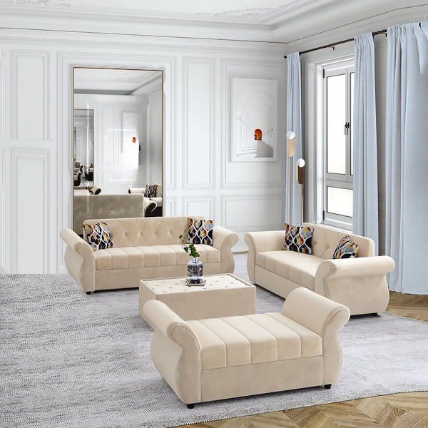 Bharat Lifestyle Alina Suede Velvet Fabric 3 + 2 + D + CT Seater (Finish Color – Cream) Sofa, Luxurious Looks and Comfortable Sofa for Living Room, Bedroom, Home and Office, Wooden Frame Sofa, Assembly DIY(Do - It - Yourself) - BHARAT LIFESPACE PRIVATE LIMITED