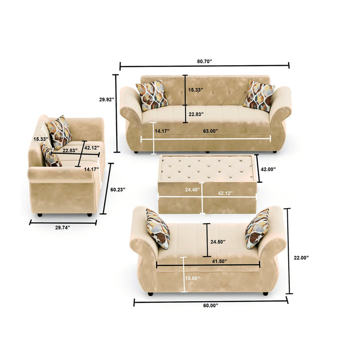 Bharat Lifestyle Alina Suede Velvet Fabric 3 + 2 + D + CT Seater (Finish Color – Cream) Sofa, Luxurious Looks and Comfortable Sofa for Living Room, Bedroom, Home and Office, Wooden Frame Sofa, Assembly DIY(Do - It - Yourself) - BHARAT LIFESPACE PRIVATE LIMITED