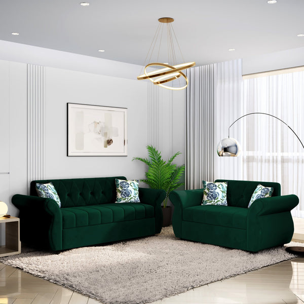 Bharat Lifestyle Alina Suede Velvet Fabric 3+2 Seater (Finish Color - Green) Sofa, Luxurious Looks and Comfortable Sofa for Living Room, Bedroom, Home and Office, Wooden Frame Sofa, Assembly DIY(Do - It - Yourself) - BHARAT LIFESPACE PRIVATE LIMITED