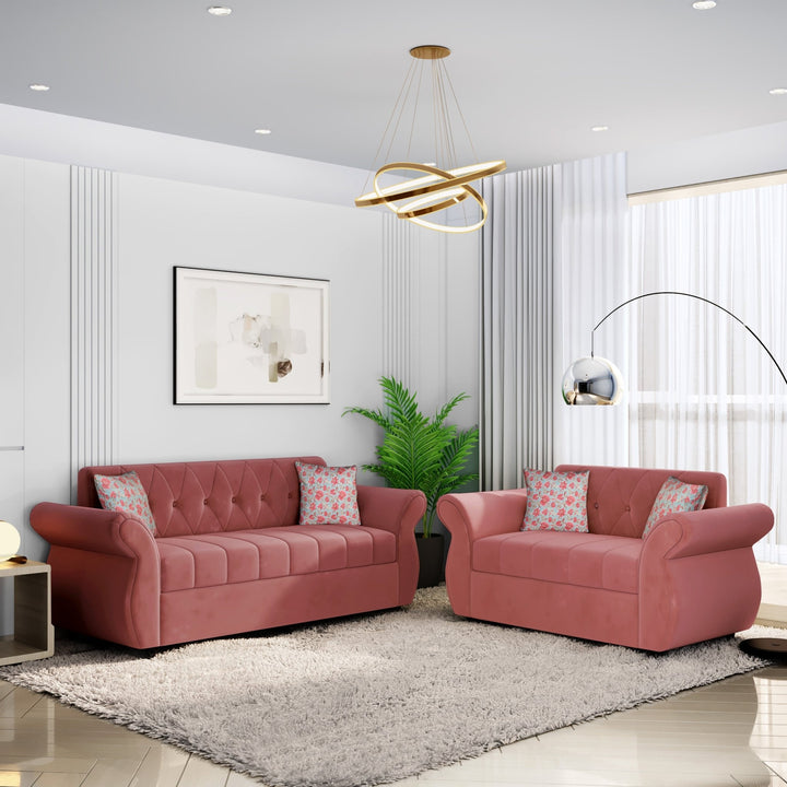 Bharat Lifestyle Alina Suede Velvet Fabric 3+2 Seater (Finish Color - Peach) Sofa, Luxurious Looks and Comfortable Sofa for Living Room, Bedroom, Home and Office, Wooden Frame Sofa, Assembly DIY(Do - It - Yourself) - BHARAT LIFESPACE PRIVATE LIMITED