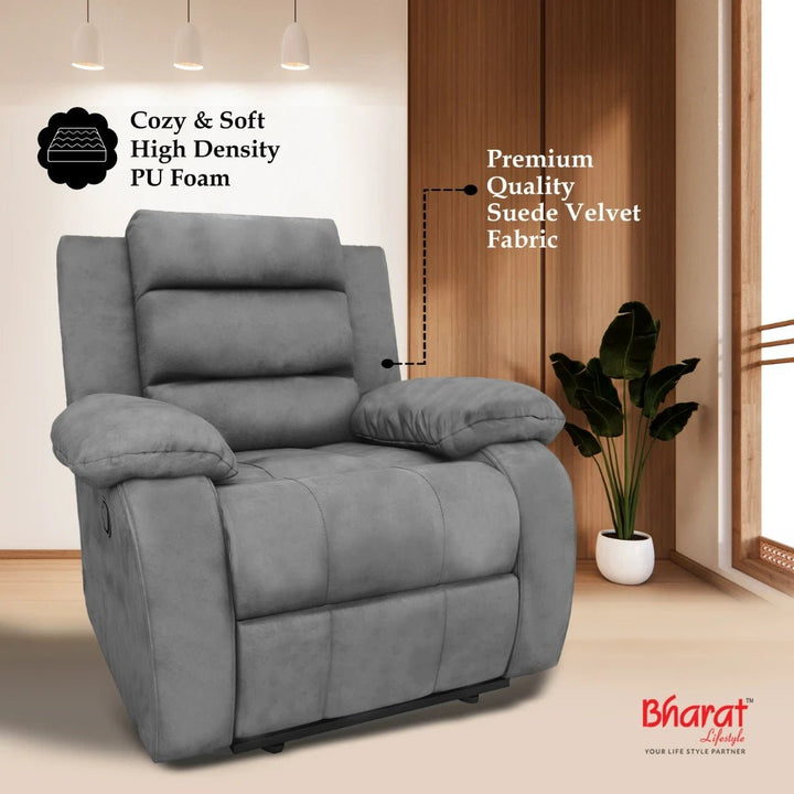 Bharat Lifestyle Austin Fabric Manual Recliner (Grey) | 1 Seater Recliner Chair Sofa | Soft Suede Fabric | 3 Comfort Positions | DIY Assembly | 1 Year Warranty | For Living Room, Bedroom, Home & Office - BHARAT LIFESPACE PRIVATE LIMITED