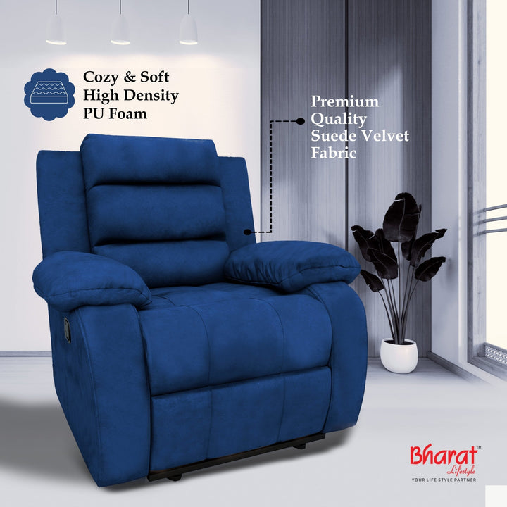 Bharat Lifestyle Austin Manual Recliner | 1 Seater Chair Sofa | Single Sofa Recliner| 3 Comfort Position | Wooden Frame | Suede Fabric | 1 Seater Recliner for Living Room Bedroom,1 Year Warranty, Blue - BHARAT LIFESPACE PRIVATE LIMITED