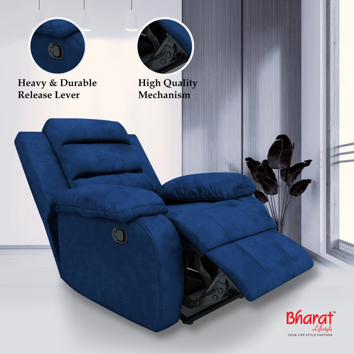 Bharat Lifestyle Austin Manual Recliner | 1 Seater Chair Sofa | Single Sofa Recliner| 3 Comfort Position | Wooden Frame | Suede Fabric | 1 Seater Recliner for Living Room Bedroom,1 Year Warranty, Blue - BHARAT LIFESPACE PRIVATE LIMITED