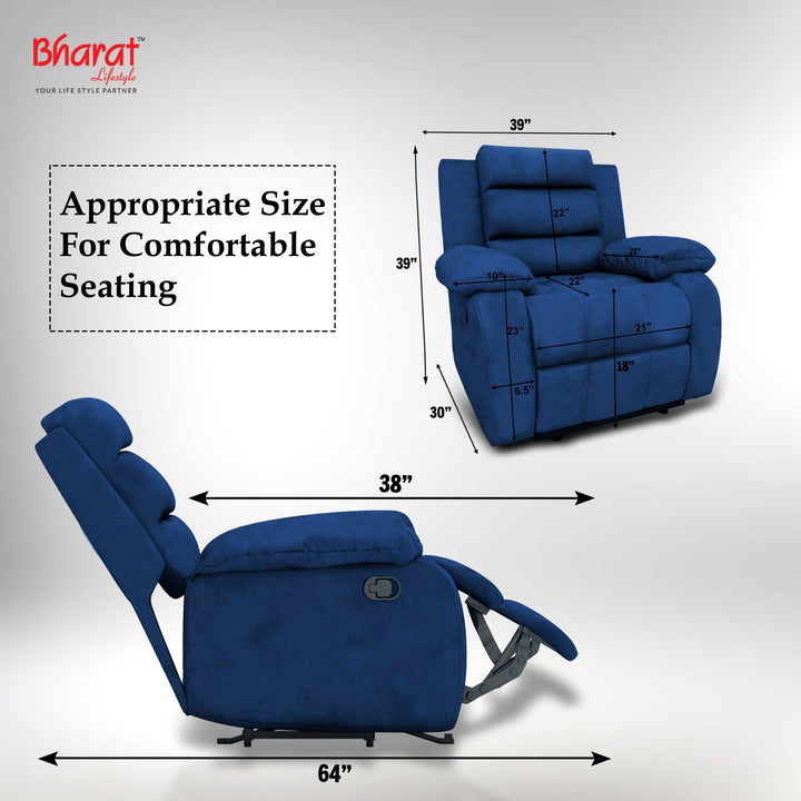 Bharat Lifestyle Austin Manual Recliner | 1 Seater Chair Sofa | Single Sofa Recliner| 3 Comfort Position | Wooden Frame | Suede Fabric | 1 Seater Recliner for Living Room Bedroom,1 Year Warranty, Blue - BHARAT LIFESPACE PRIVATE LIMITED