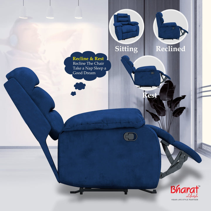 Bharat Lifestyle Austin Manual Recliner | 1 Seater Chair Sofa | Single Sofa Recliner| 3 Comfort Position | Wooden Frame | Suede Fabric | 1 Seater Recliner for Living Room Bedroom,1 Year Warranty, Blue - BHARAT LIFESPACE PRIVATE LIMITED