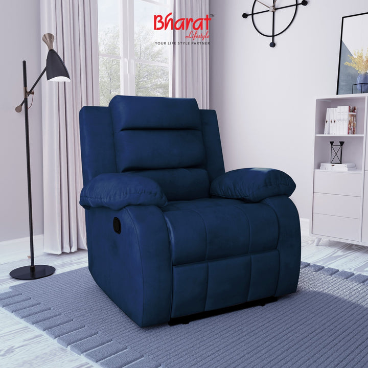 Bharat Lifestyle Austin Manual Recliner | 1 Seater Chair Sofa | Single Sofa Recliner| 3 Comfort Position | Wooden Frame | Suede Fabric | 1 Seater Recliner for Living Room Bedroom,1 Year Warranty, Blue - BHARAT LIFESPACE PRIVATE LIMITED