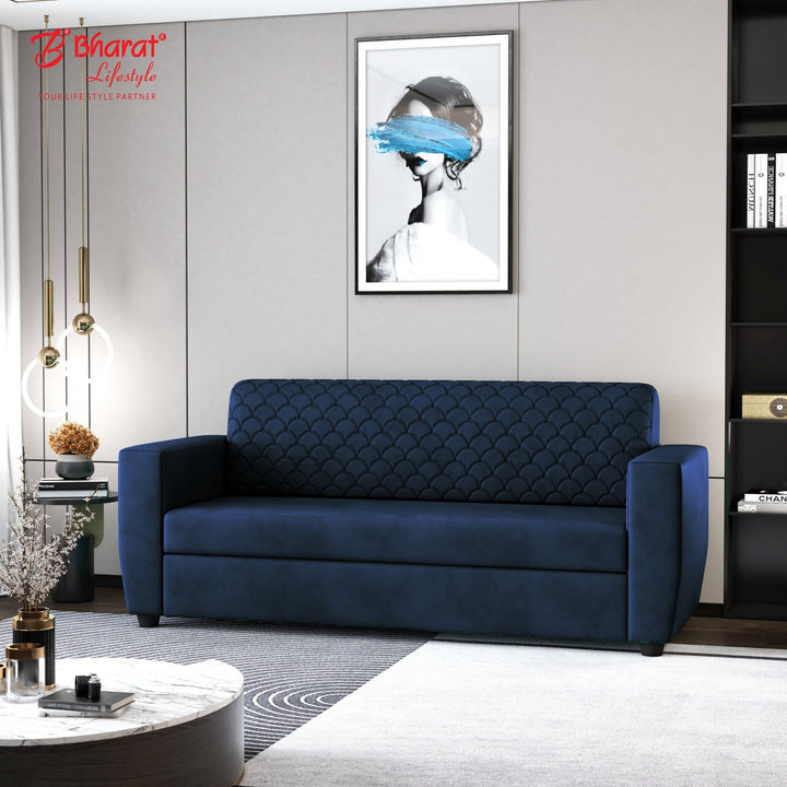 Bharat Lifestyle Deno Seude Velvet Fabric Tufted Back Design Fabric 3 Seater Blue Sofa, Luxurious Looks and Comfortable Sofa for Living Room, Bedroom, Home & Office, DIY(Do - It - Yourself) - BHARAT LIFESPACE PRIVATE LIMITED