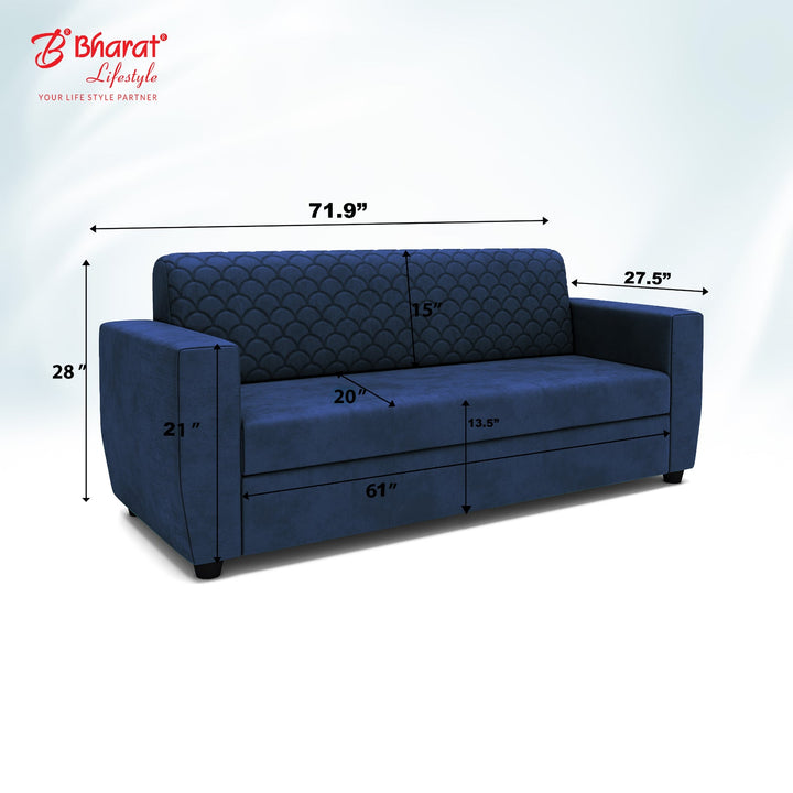 Bharat Lifestyle Deno Seude Velvet Fabric Tufted Back Design Fabric 3 Seater Blue Sofa, Luxurious Looks and Comfortable Sofa for Living Room, Bedroom, Home & Office, DIY(Do - It - Yourself) - BHARAT LIFESPACE PRIVATE LIMITED