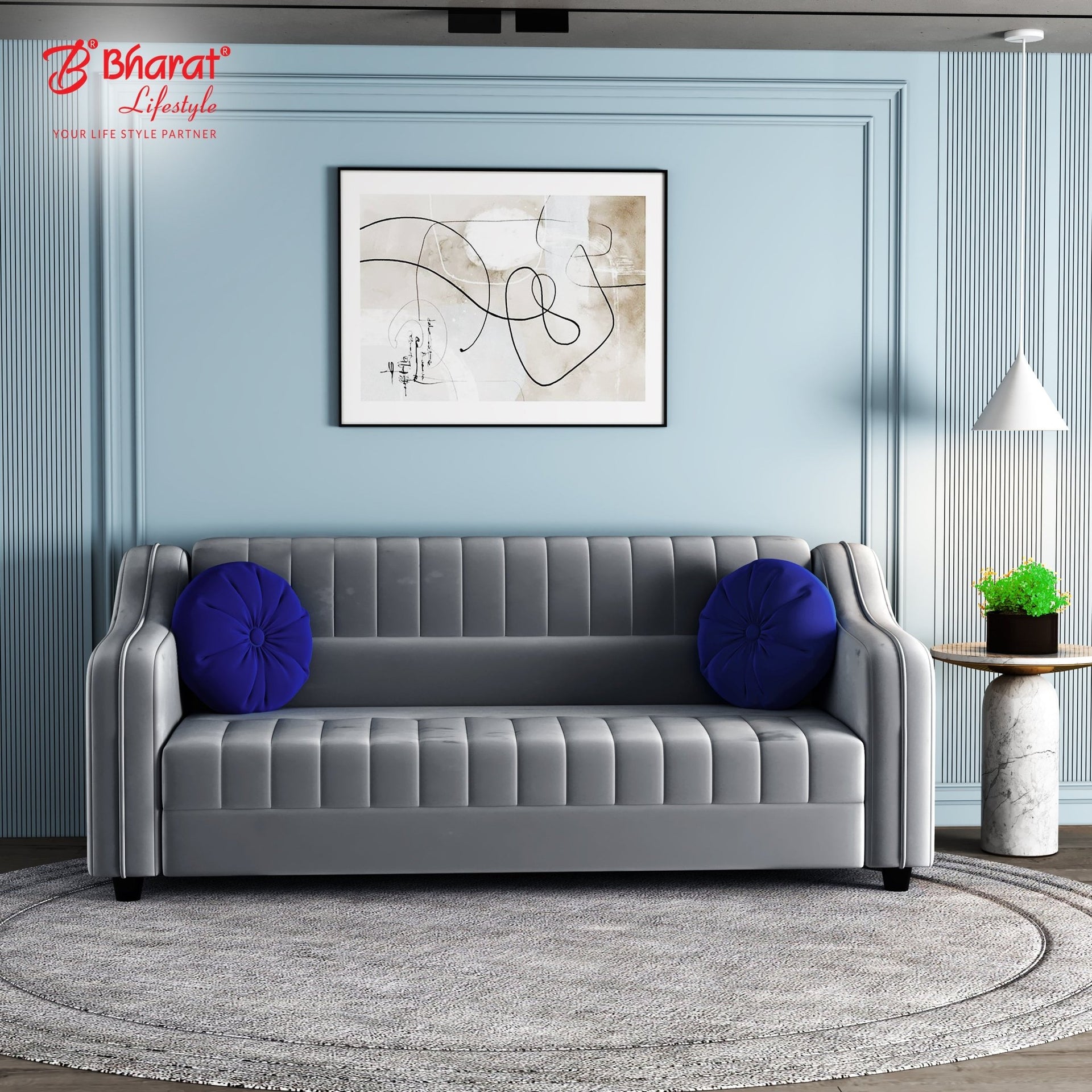 Bharat Lifestyle Jack Seater Sofa in Grey Suede Velvet Fabric Mode