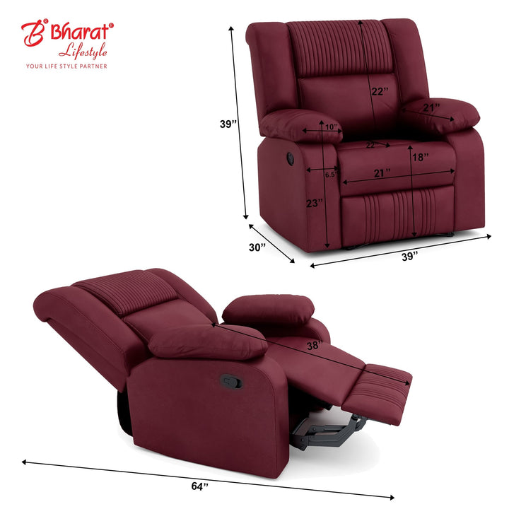 Bharat Lifestyle Jerry Suede Velvet Fabric Manual Recliner (Maroon) | 1 Seater Recliner Chair Sofa | 3 Comfort Positions | DIY Assembly | 1 Year Warranty | For Living Room, Bedroom, Home & Office - BHARAT LIFESPACE PRIVATE LIMITED