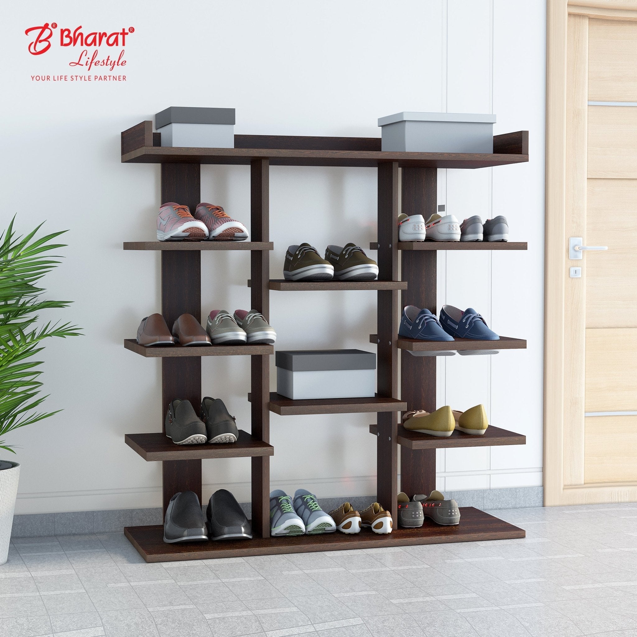 Barat Rack Bharat Lifestyle Karaka Open Engineered Wood Shoe Rack (Black, 10 Shel