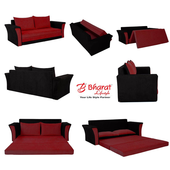 Bharat Lifestyle Leo Fabric 3 Seater Double Solid Wood Fold Out Convertible Sofa Cum Bed (Red & Black) Looks and Comfortable Sofa for Living Room, Bedroom, Home and Office, Assembly DIY(Do - It - Yourself) 1 Year Warranty - BHARAT LIFESPACE PRIVATE LIMITED