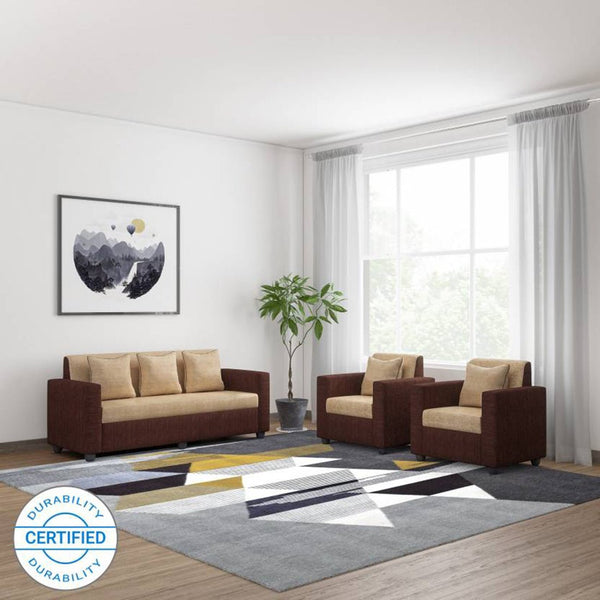 Bharat Lifestyle Tulip Fabric 3+1+1 Sofa Set with 2 Chakri Cushions | Cream Brown Color | Comfortable & Stylish Sofa for Living Room, Bedroom | Soft Upholstery | DIY Assembly | 1 Year Warranty - BHARAT LIFESPACE PRIVATE LIMITED